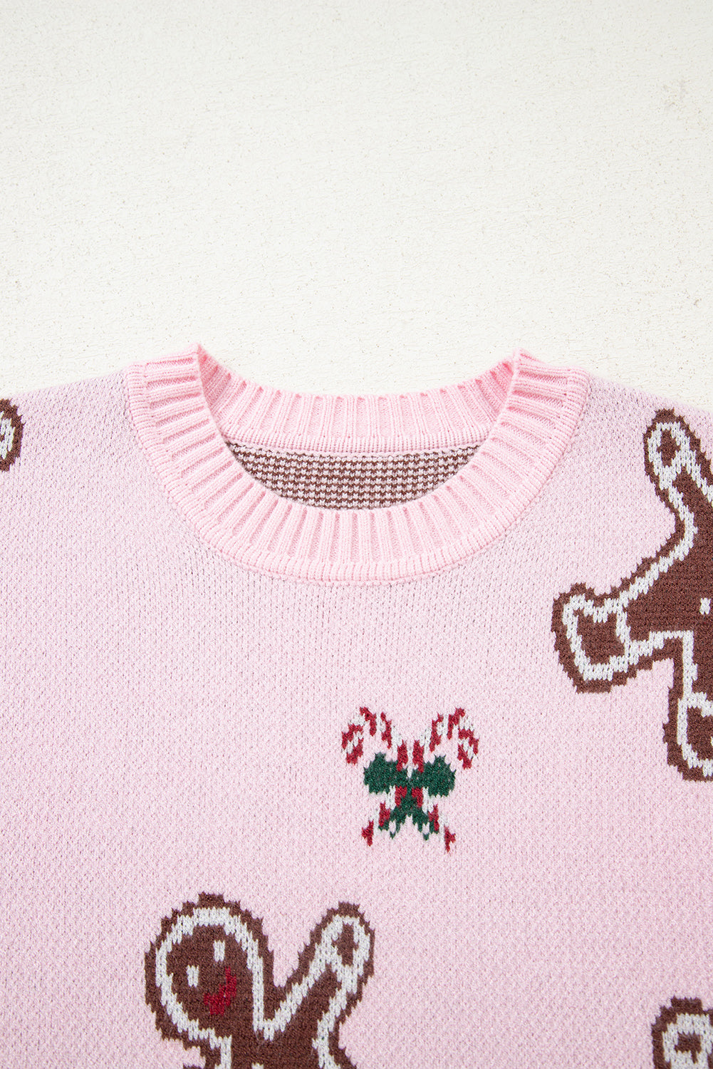 Pink Christmas Ginger Bread Man Print Round Neck Casual Sweater