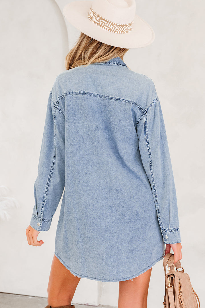 Blue Beau Chest Pocket Raw Hem Denim Loose Shirt Dress