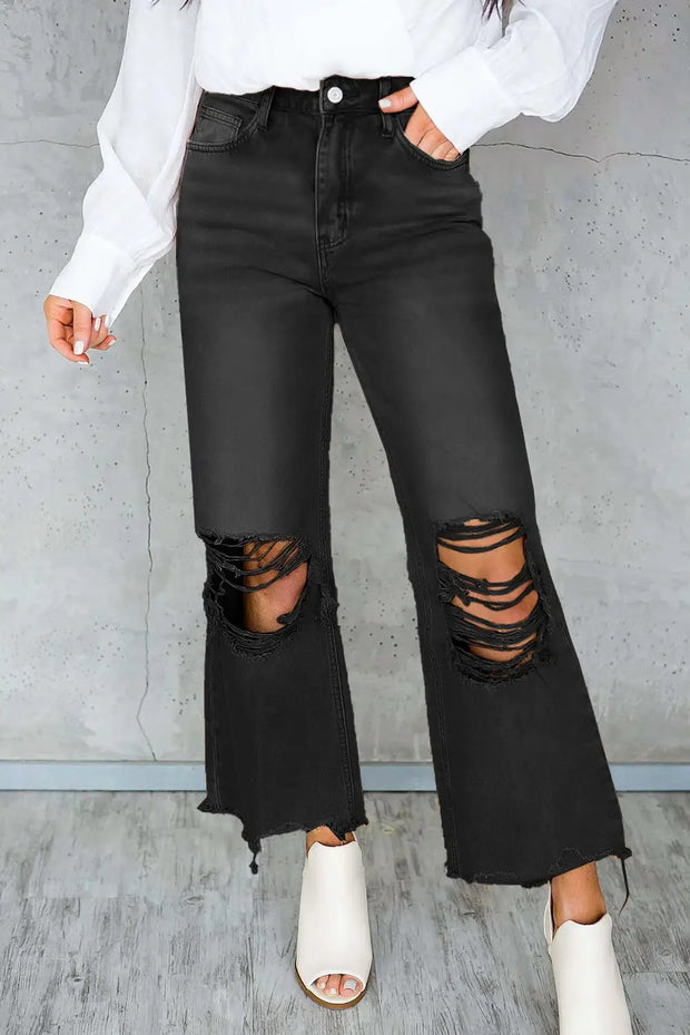 Distressed Hollow-out High Waist Cropped Flare Jeans - Black / 10 / 100%Cotton