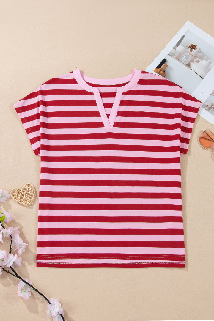 Pink Stripe Split V Neck Casual T Shirt
