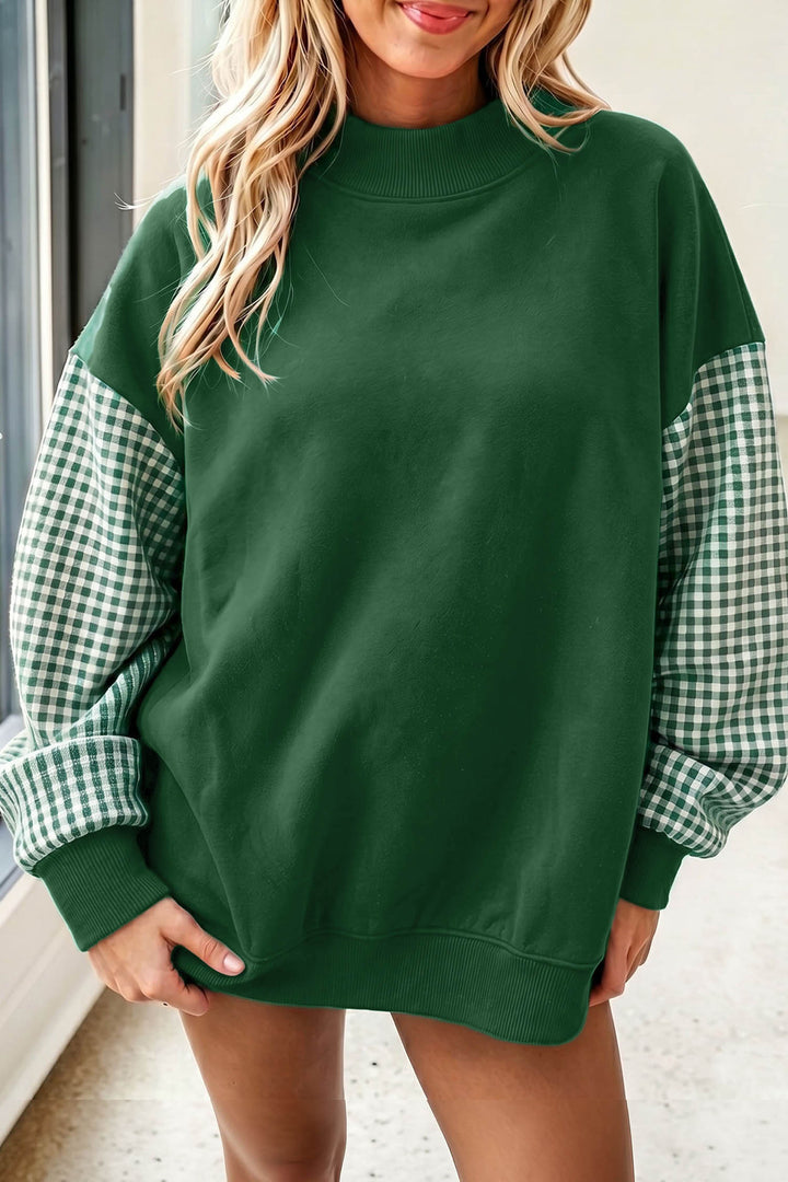 Plaid Sleeve Color block Loose Tunic Sweatshirt