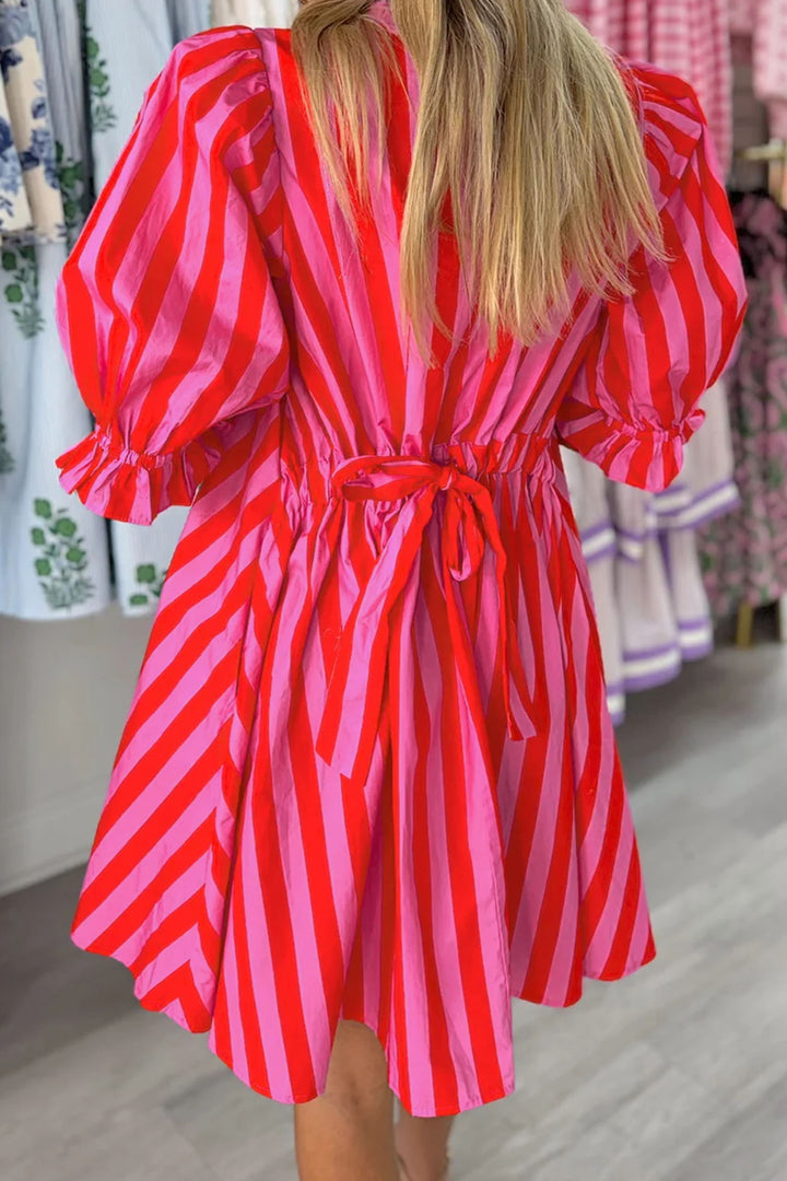 Stripe Half Button Puff Sleeve Loose Mini Dress