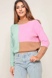 Multicolour Colorblock Mock Neck Ribbed Trim Sweater -