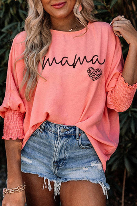 Pink mama Leopard Heart Graphic Shirred 3/4 Sleeve Tee - Pink / S