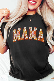 Black Flower Printed MAMA Letter Graphic T Shirt - Black / 2XL
