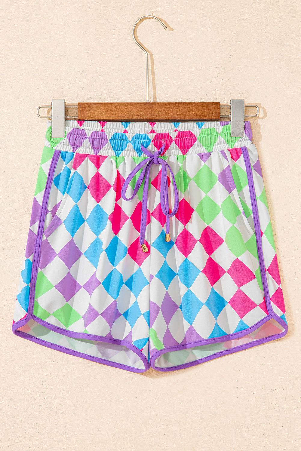 Multicolour Checkered Drawstring Elastic Waist Casual Shorts