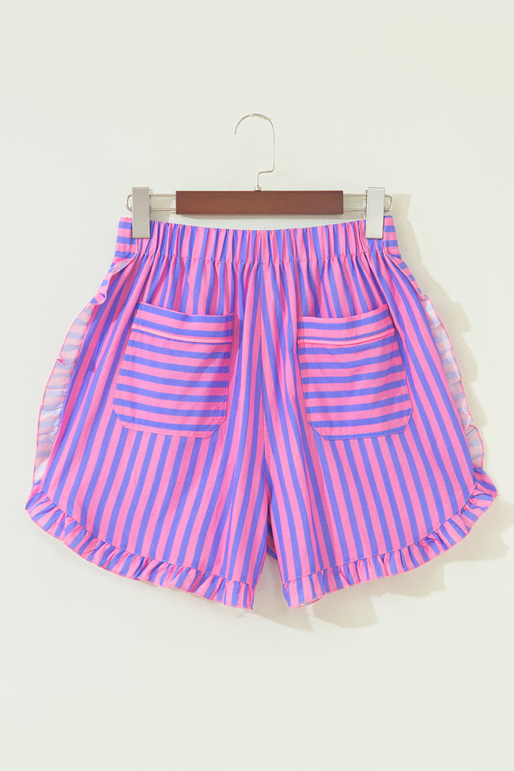 Stripe Elastic Waist Ruffle Trim Casual Shorts