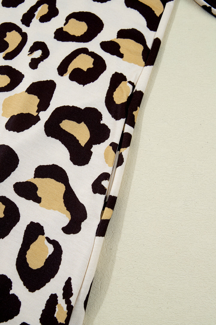 Khaki Leopard Long Sleeve Shift T Shirt Dress with Pockets