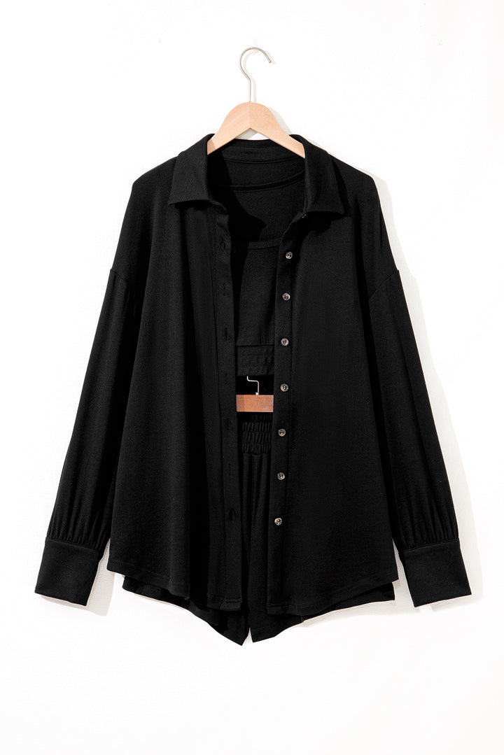 Black 3 Pcs Crop Tank Top Shorts with Cardigan Lounge Set