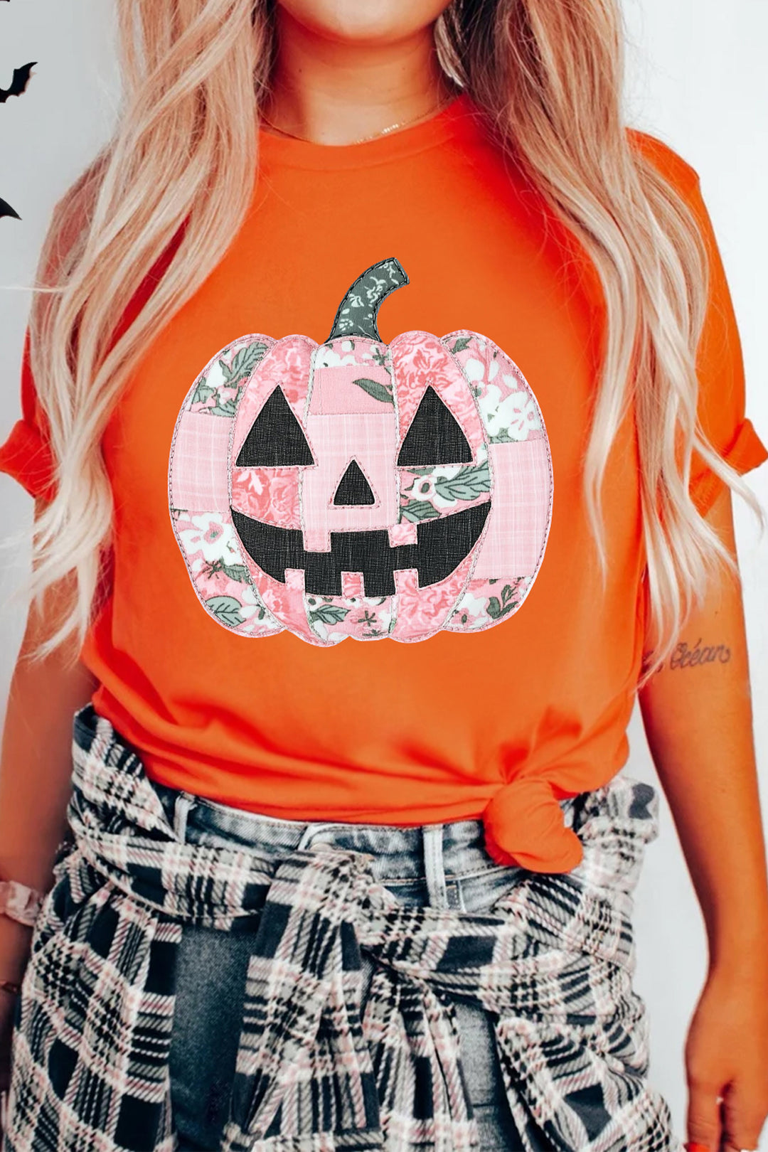Orange Patchwork Pumpkin Graphic Short Sleeve Round Neck Tee