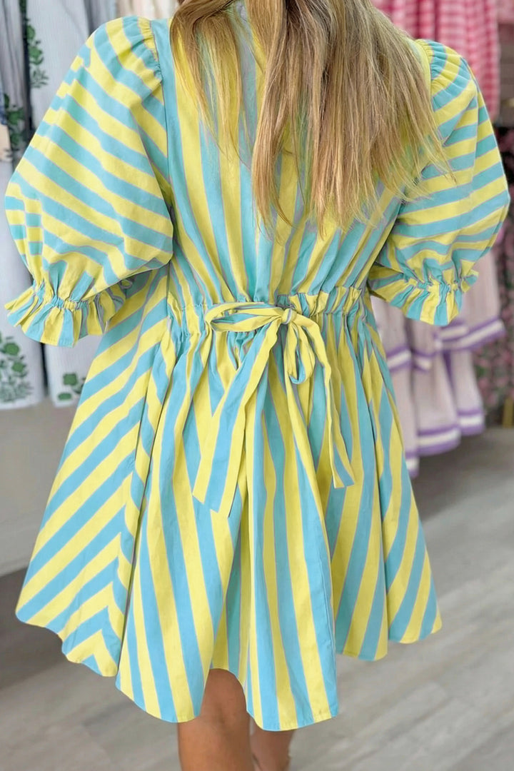 Stripe Half Button Puff Sleeve Loose Mini Dress