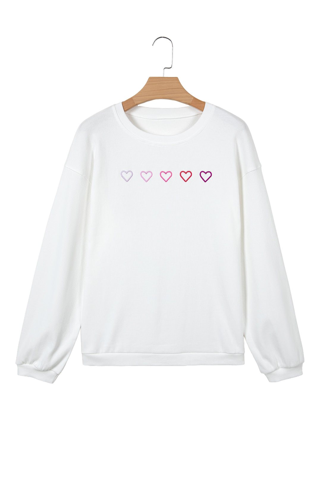 White 3d Ribbed XOXO Heart Embroidered Drop Shoulder Sweatshirt