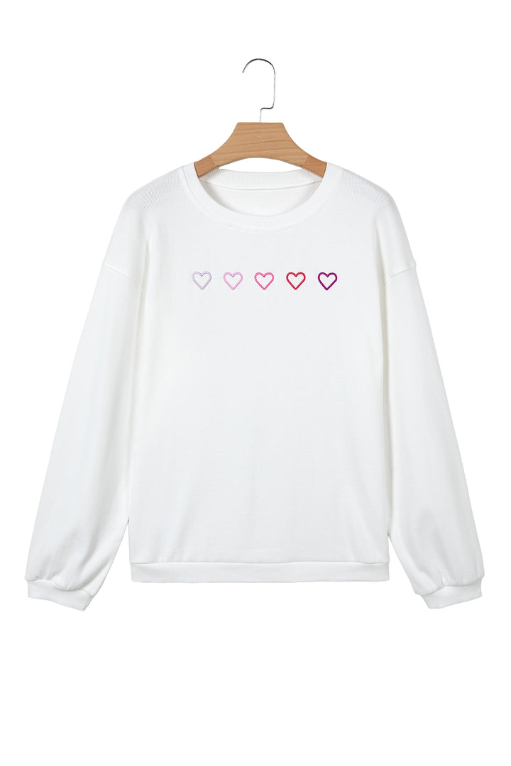 White 3d Ribbed XOXO Heart Embroidered Drop Shoulder Sweatshirt