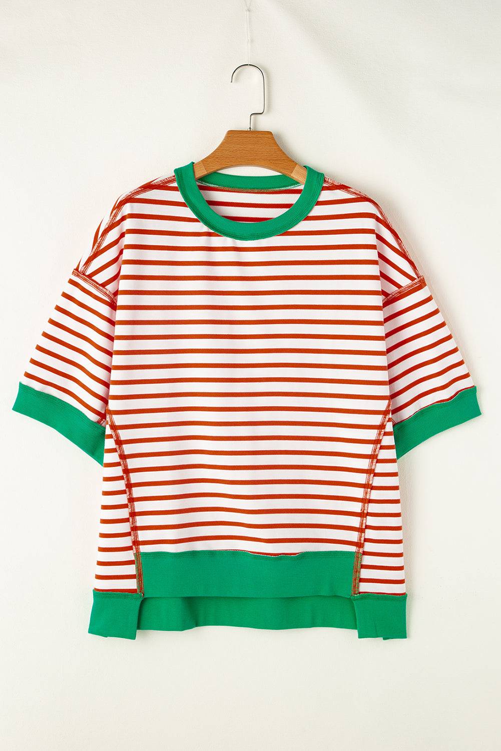 Stripe Oversized Contrast Trim Exposed Seam High Low T Shirt