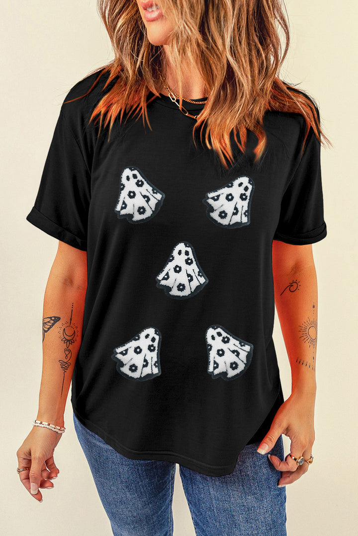 Halloween Playful Ghost Patched Cotton Blend T Shirt
