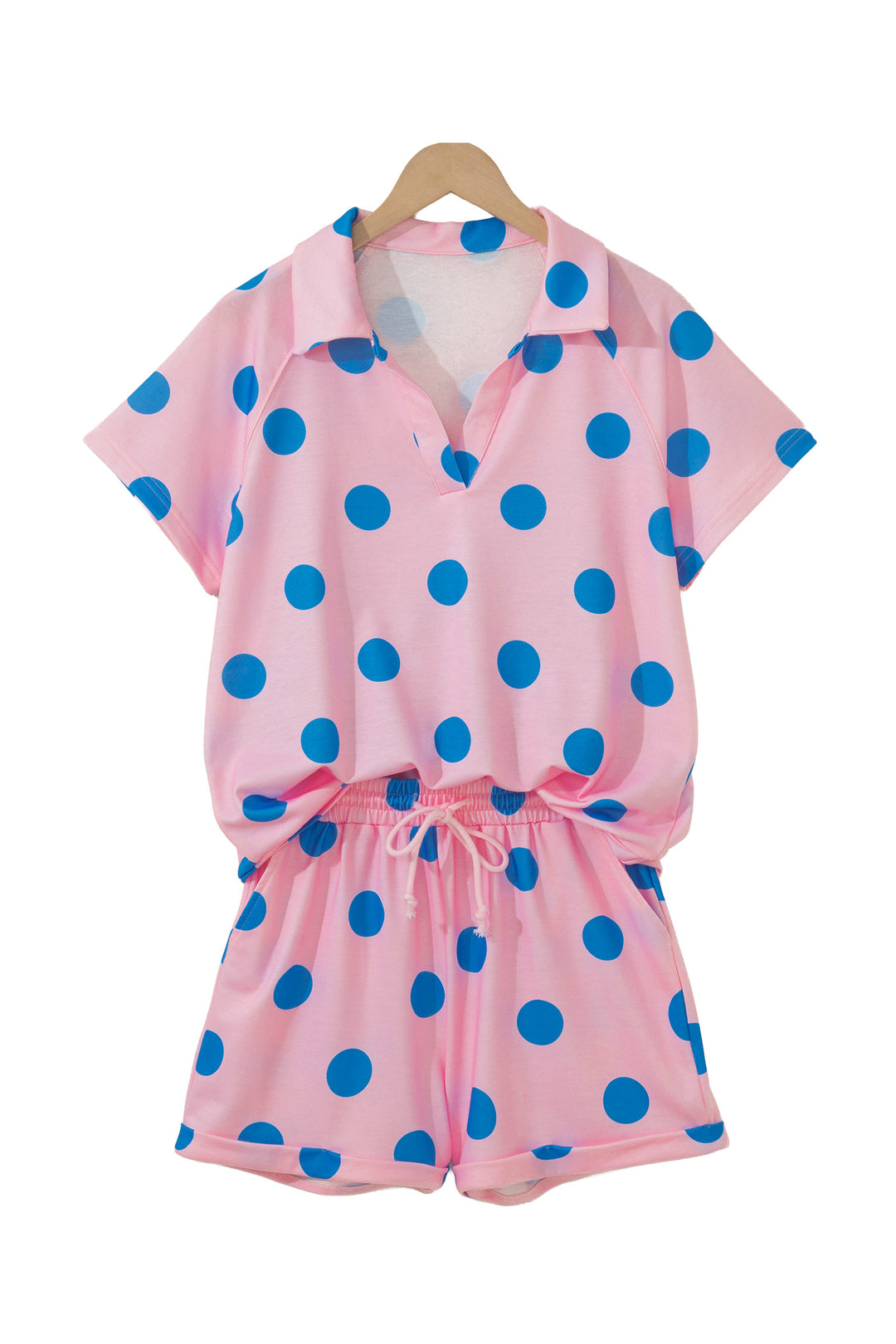 Polka Dot Print V Neck Tee Short Set