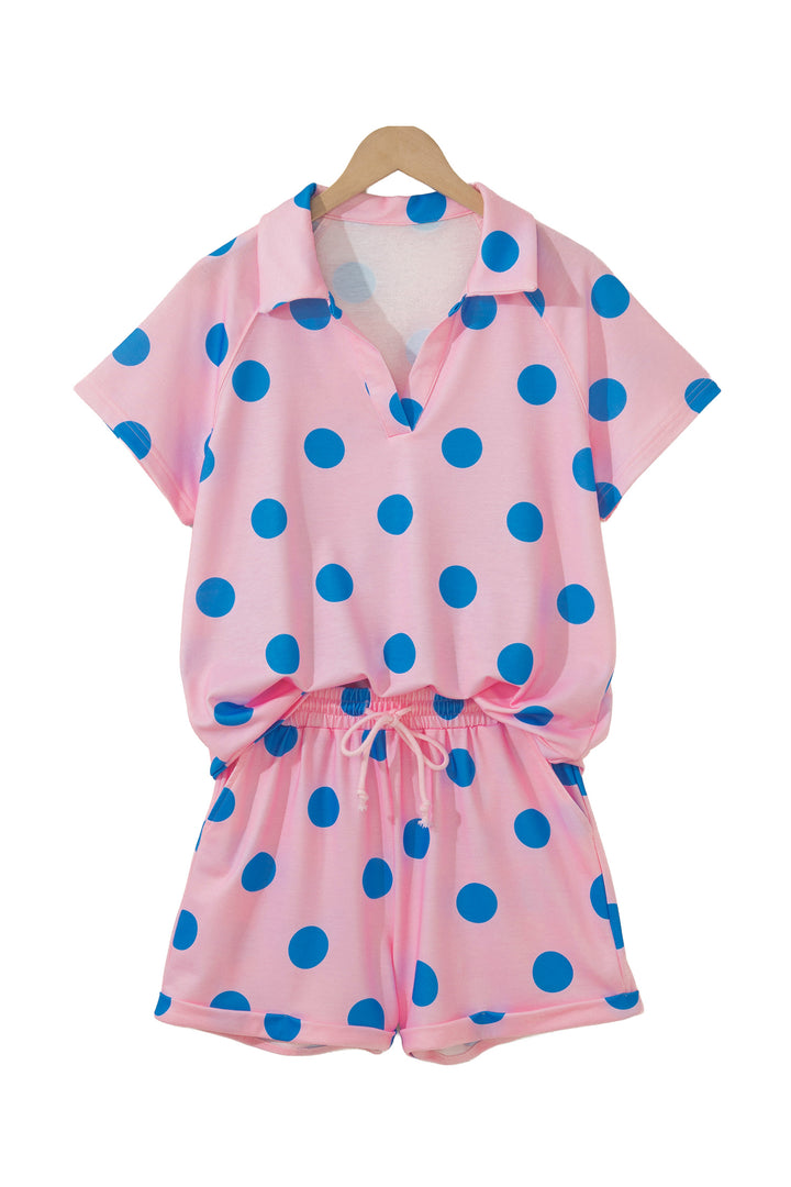 Polka Dot Print V Neck Tee Short Set