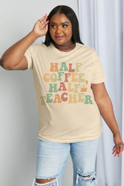 a woman wearing a half coffee half teacher t - shirt