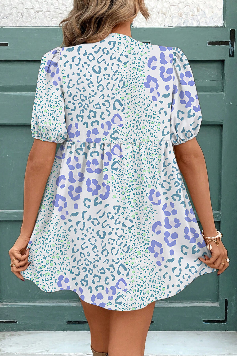 blue leopard print mini dress Leopard Print Summer Dress | Blue Midi Dress | Open Back Beach Short Dress | Deep V-neck Mini Sundress | Comfy Short Sleeve Boho Dress