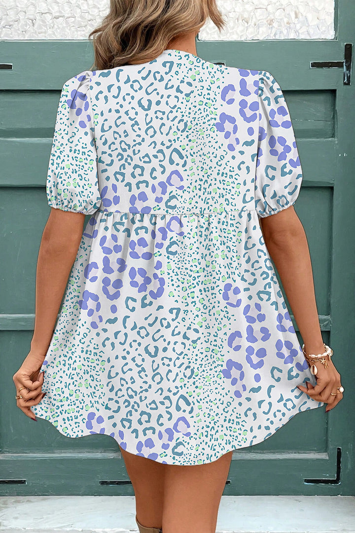 Sky Blue Leopard Contrast Bow Puff Sleeve Mini Dress
