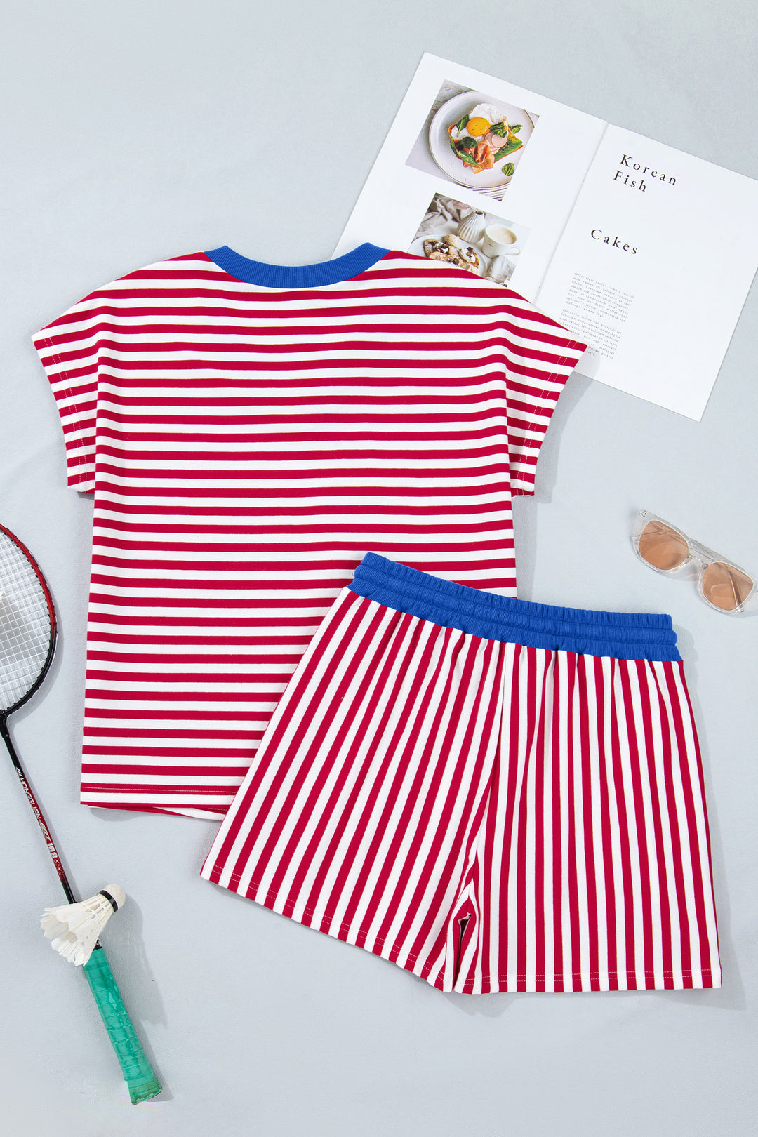 Stripe Colorblock Trim V Neck Tee Drawstring Elastic Waist Short Set