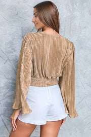 Camel Pleated Bell Sleeve Twist V Neck Cropped Blouse -