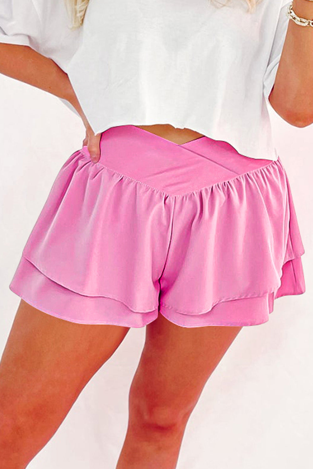 Bright Pink Crossed Waist Tiered Flowy Shorts