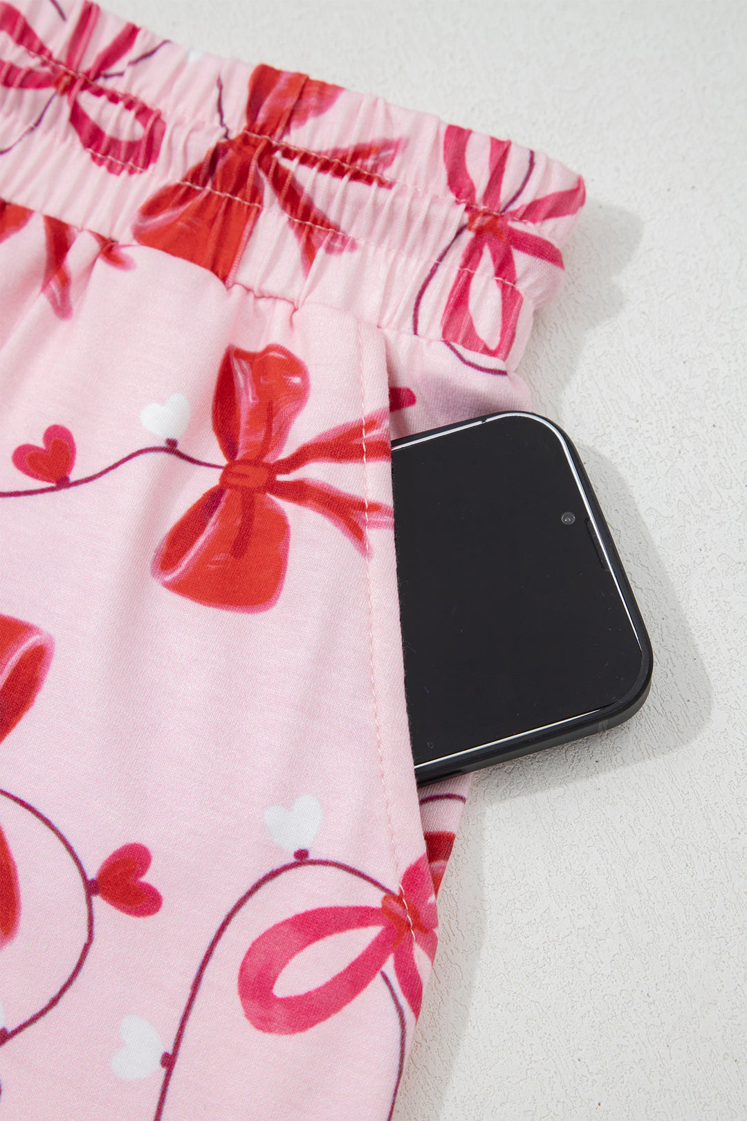 Red Romantic Bow Print Loose Tee Drawstring Shorts 2pcs Lounge Set