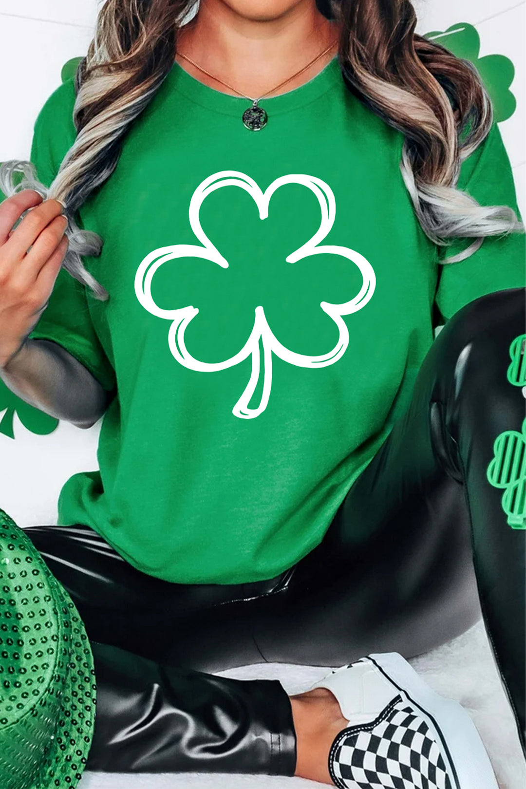 Bright Green St Patricks Day Lucky Shamrock Printed Casual Tee