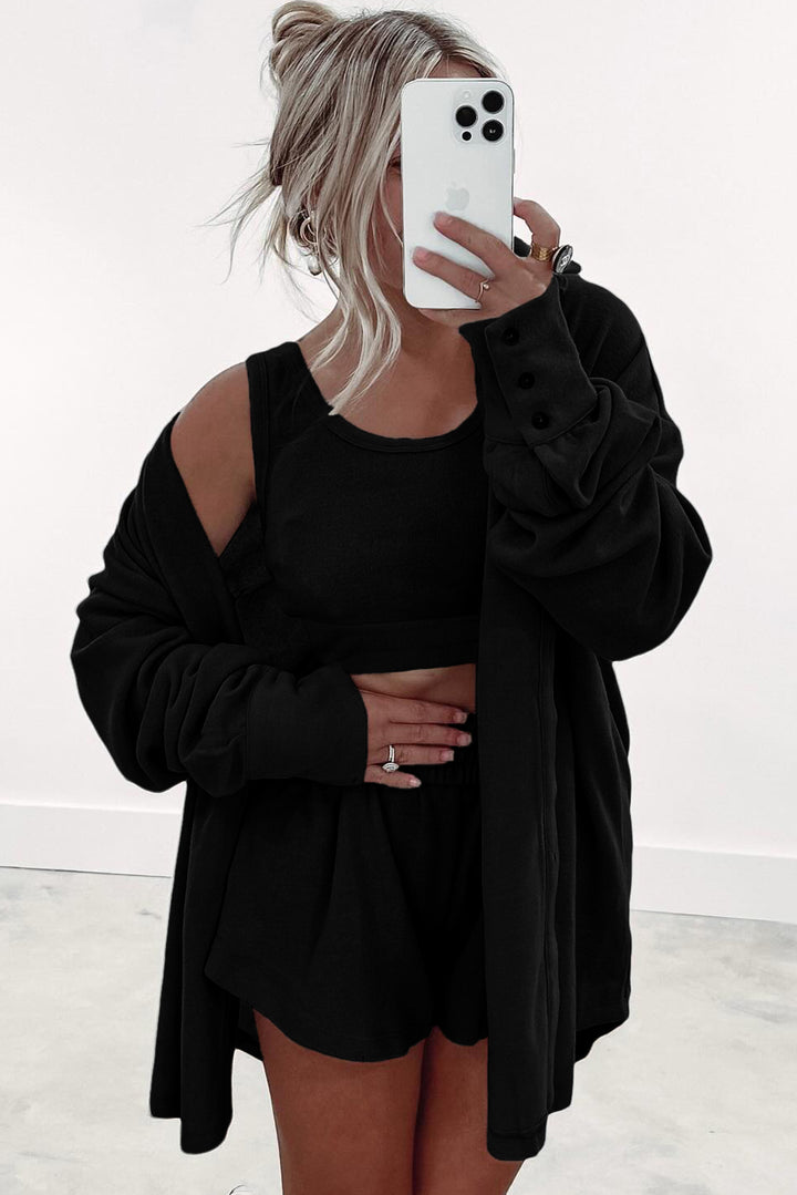 Black 3 Pcs Crop Tank Top Shorts with Cardigan Lounge Set