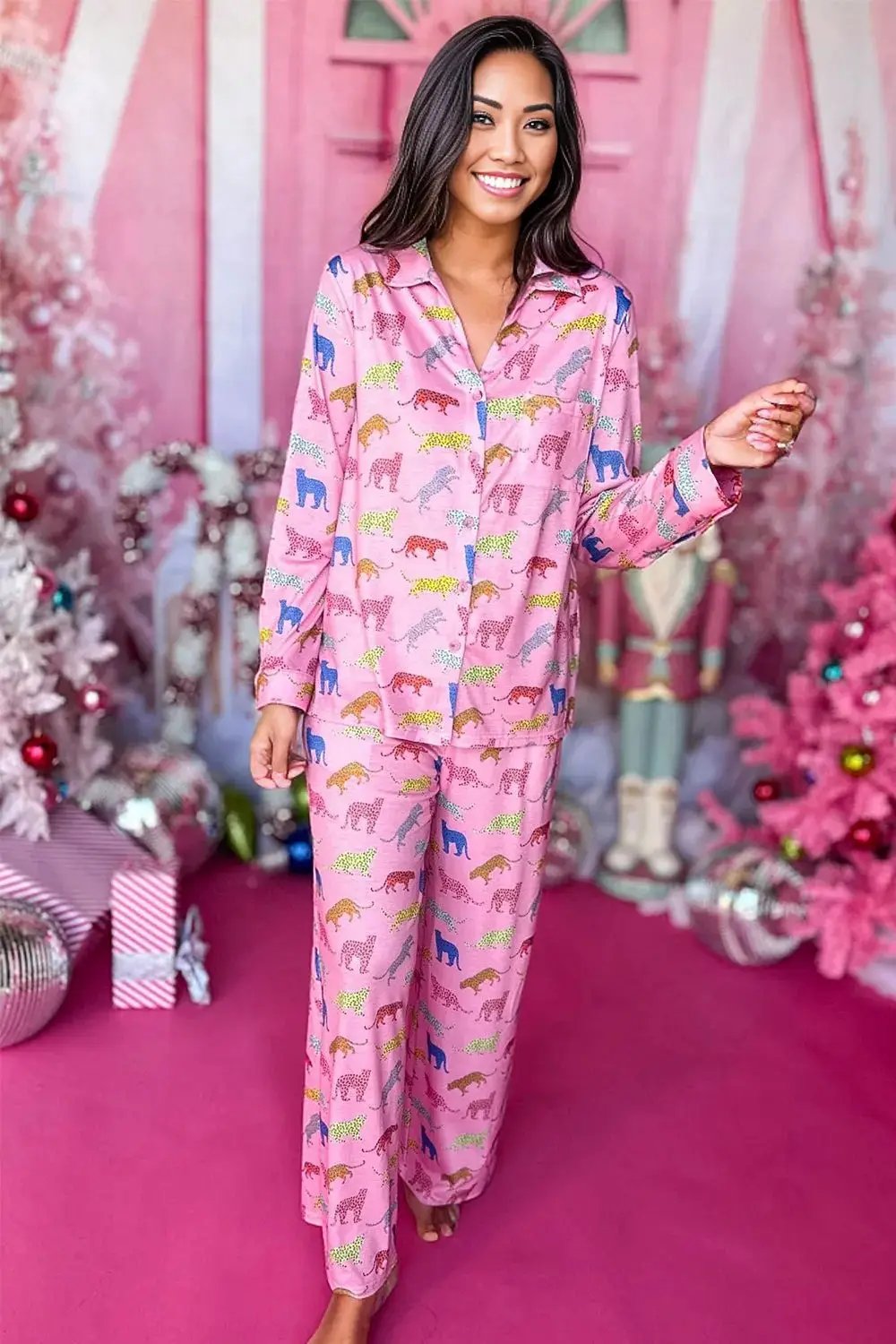 Pink Cheetah Print Shirt and Wide Leg Pants Pajama Set -