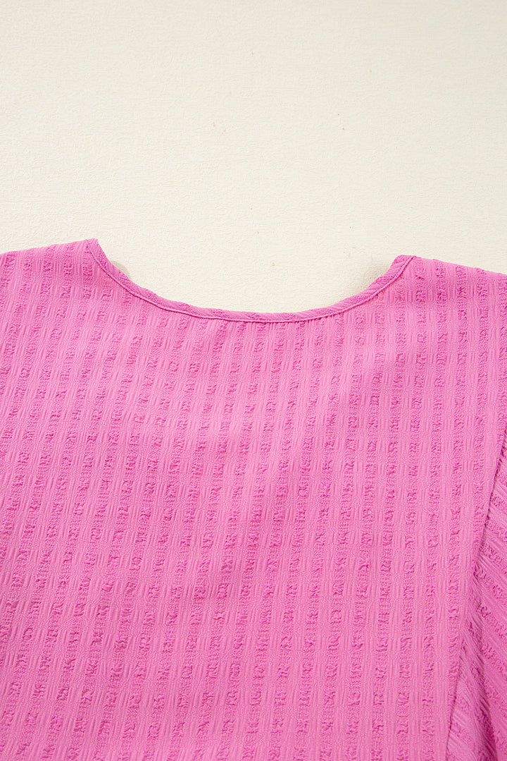 Sachet Pink Plus Size Textured Tie Split Neck Puff Sleeve Flowy Mini Dress