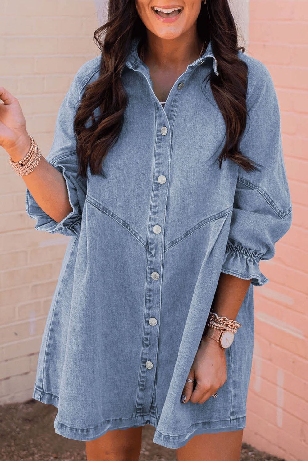 long sleeve denim mini dress Sky Blue Buttoned Long Sleeve Denim Mini Dress