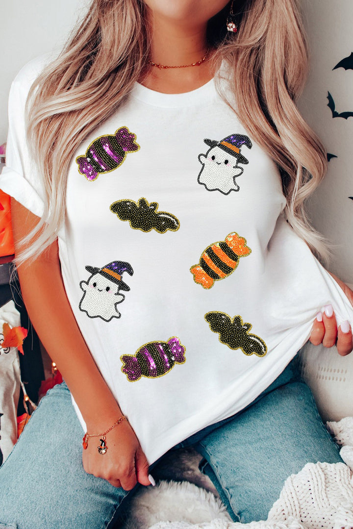Sequined Halloween Spirit Pattern Patched Custom Casual Tee