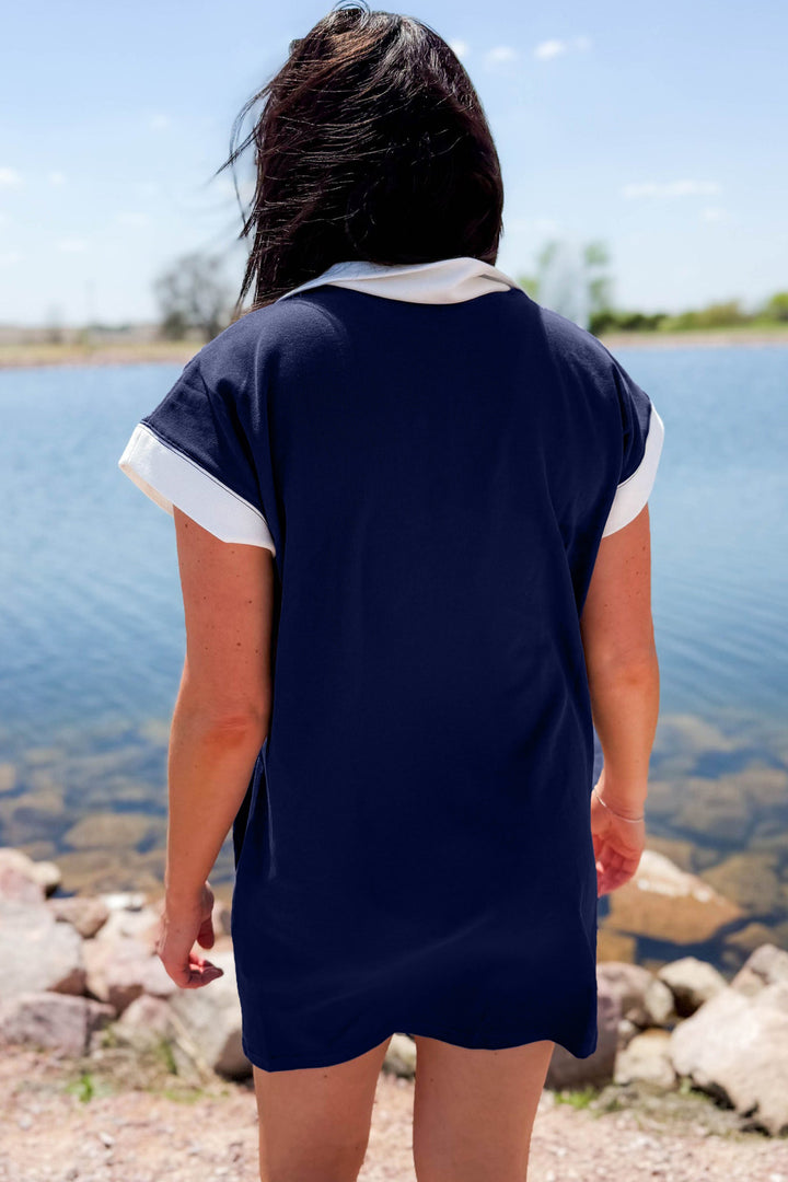 Navy Blue Americana Colorblock Stripes Zip up Collared T Shirt Mini Dress