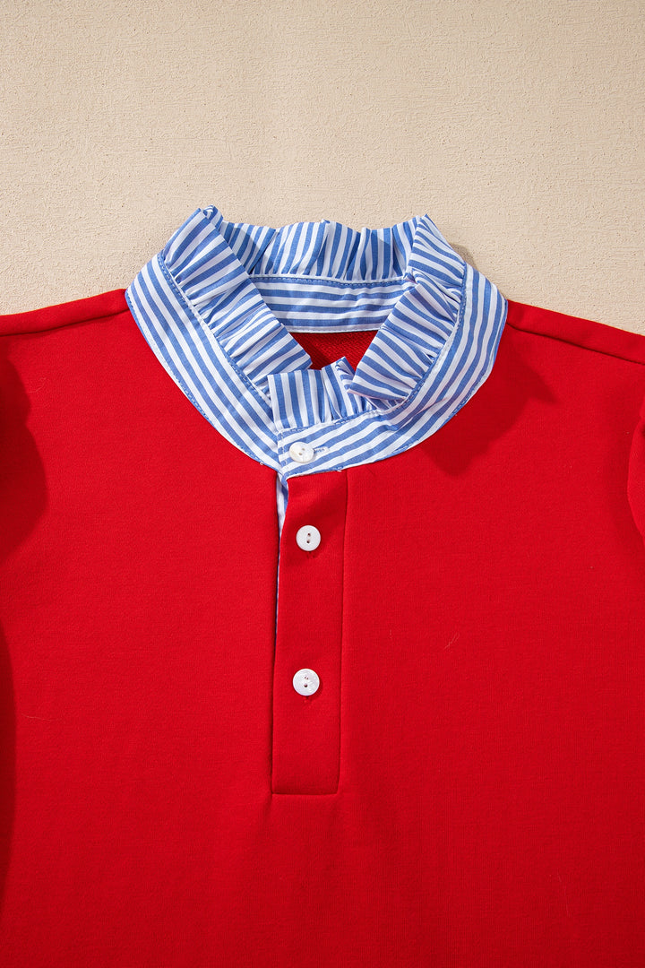 Contrast Striped Collar Patchwork Puff Sleeve Ruffle Hem Mini Dress