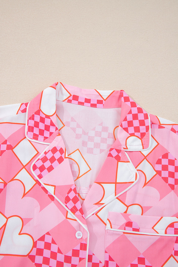 Pink Heart Print Shirt Style Silky Short Pajama Set