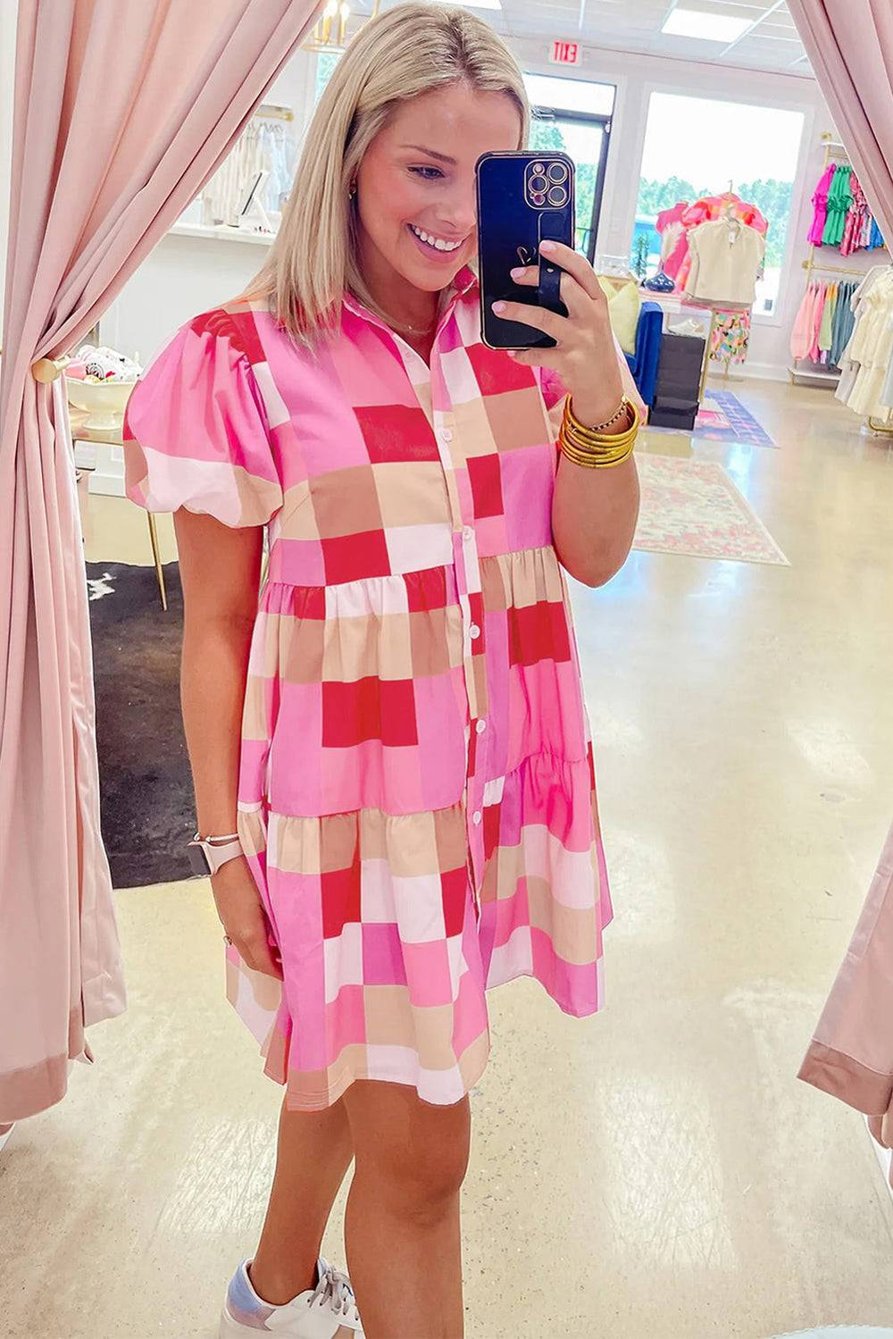 Pink Colorblock Plaid Puff Sleeve Tiered Mini Dress -