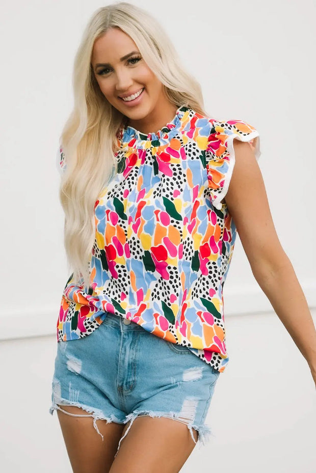 Multicolor Abstract Print High Neck Flutter Sleeves Top - Multicolor / L / 100%Polyester