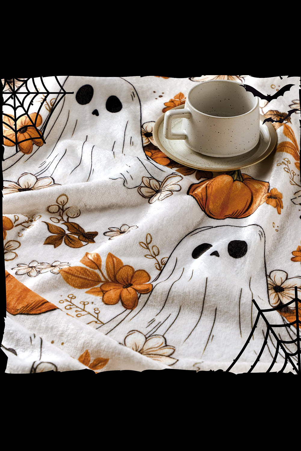 Orange Halloween Ghost Pumpkin Flower Throw Blanket