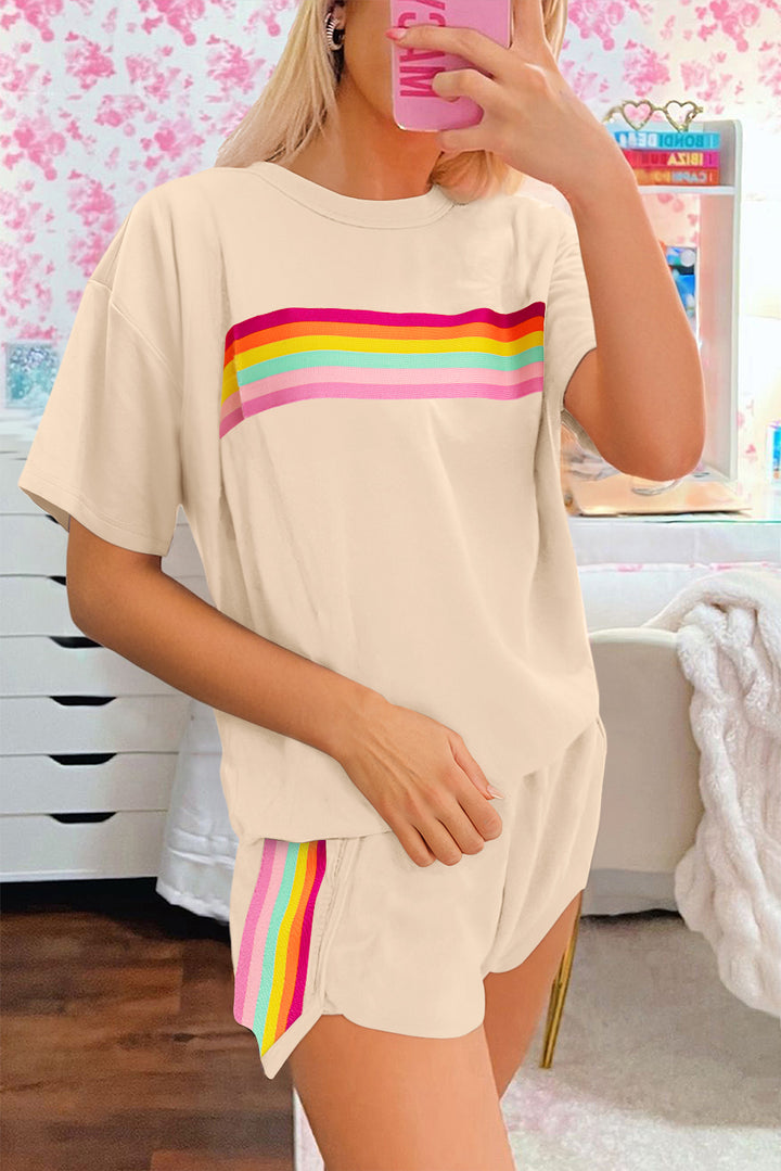 Vibrant Striped Detail Athleisure 2pcs Short Set