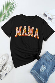Black Flower Printed MAMA Letter Graphic T Shirt -