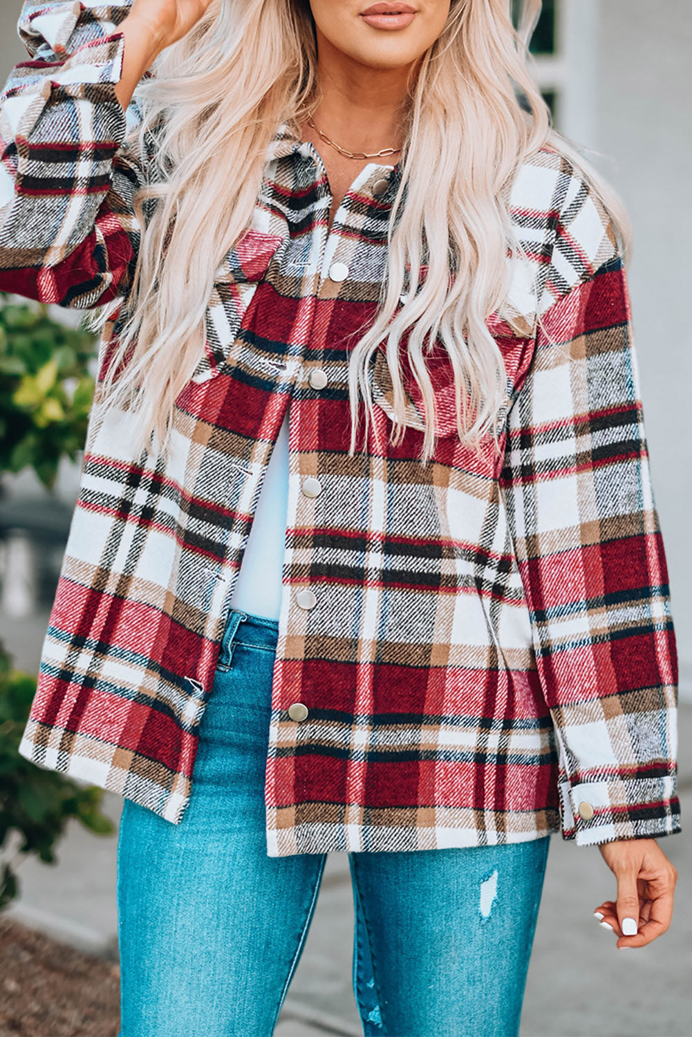 Geometric Plaid Print Pocketed Shacket -