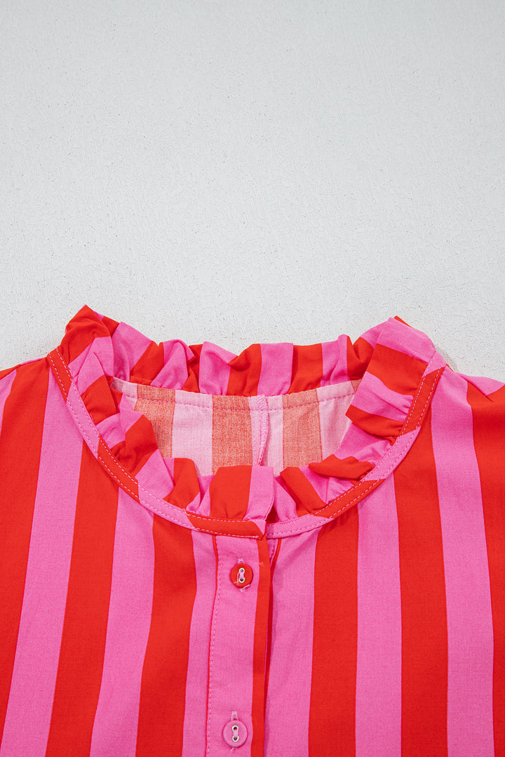 Stripe Half Button Puff Sleeve Loose Mini Dress