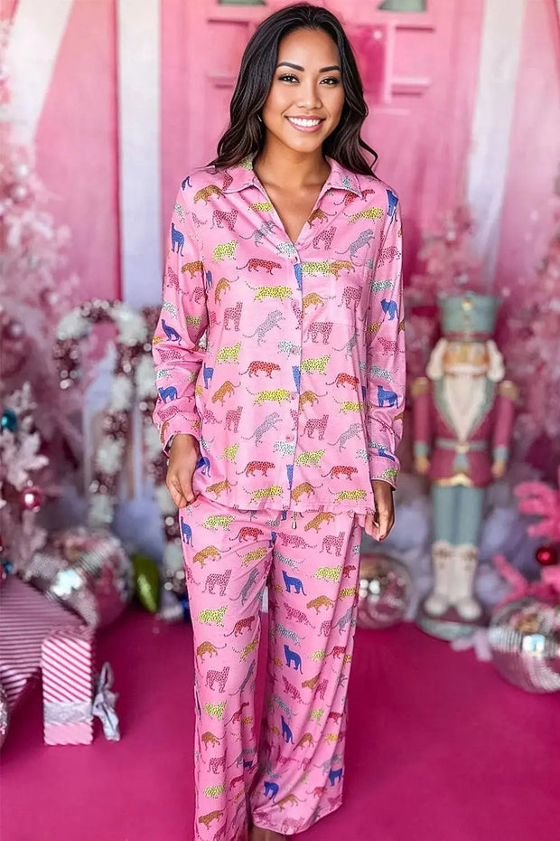 Pink Cheetah Print Shirt and Wide Leg Pants Pajama Set - Pink / L