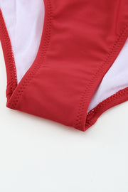a close up of a red and white underwear