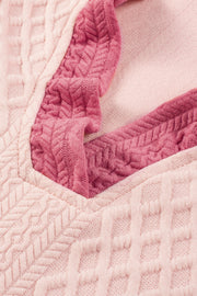 Light Pink Textured Puff Sleeve Ruffled V Neck Shift Mini Dress