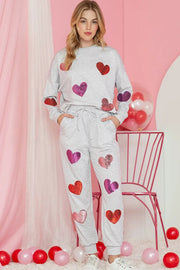 Gray Sequins Heart Graphic Top & Drawstring Pants Pajama Set -