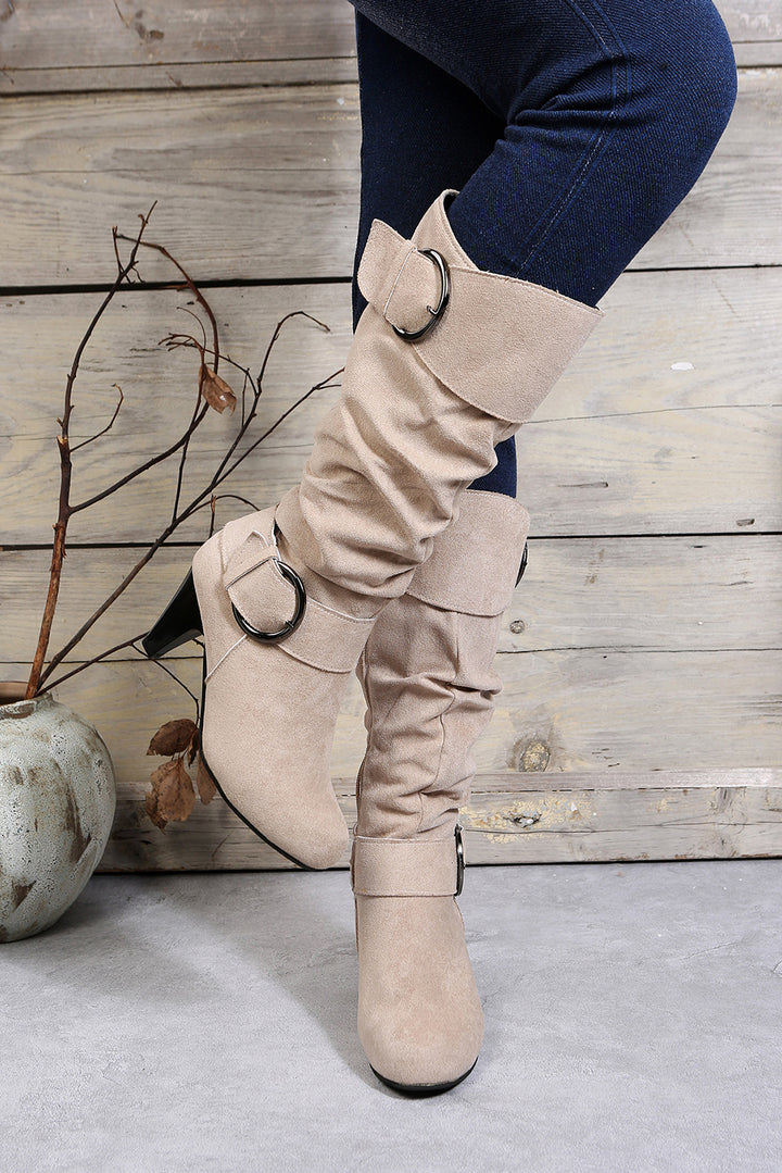 Dual Buckle Strap Side Zip Heeled Mid Calf Boots