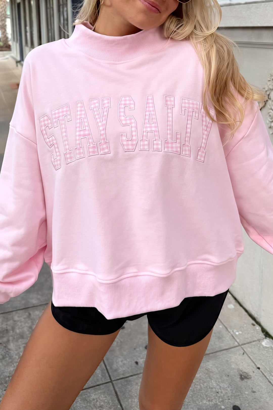 Pink Stay Salty Embroidered Long Sleeve Stand Neck Shift Pullover Sweatshirt